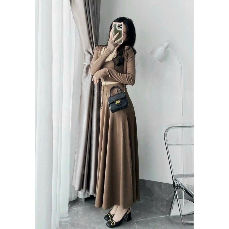 Set 3 Món Áo Khoác Áo Croptop Hai Dây Và Chân Váy Xòe Dáng Dài Maxi Ôm Body Sexy - Tiểu Thư Bánh Bèo Cute Sang Chảnh
