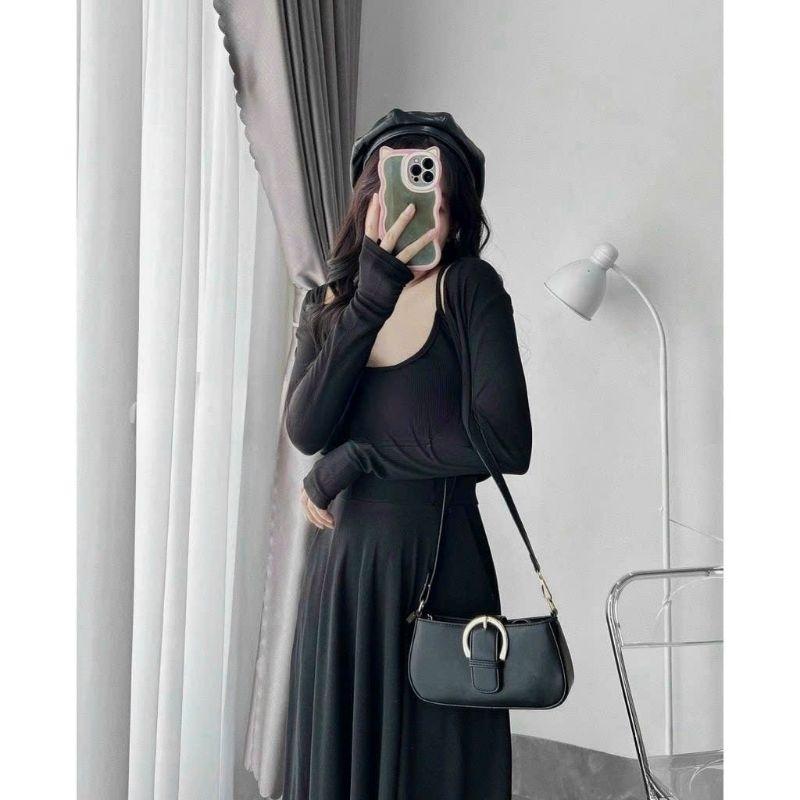 Set 3 Món Áo Khoác Áo Croptop Hai Dây Và Chân Váy Xòe Dáng Dài Maxi Ôm Body Sexy - Tiểu Thư Bánh Bèo Cute Sang Chảnh