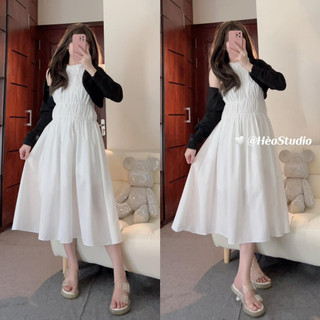 Set maxi trắng bo thun kèm khoác crop đen