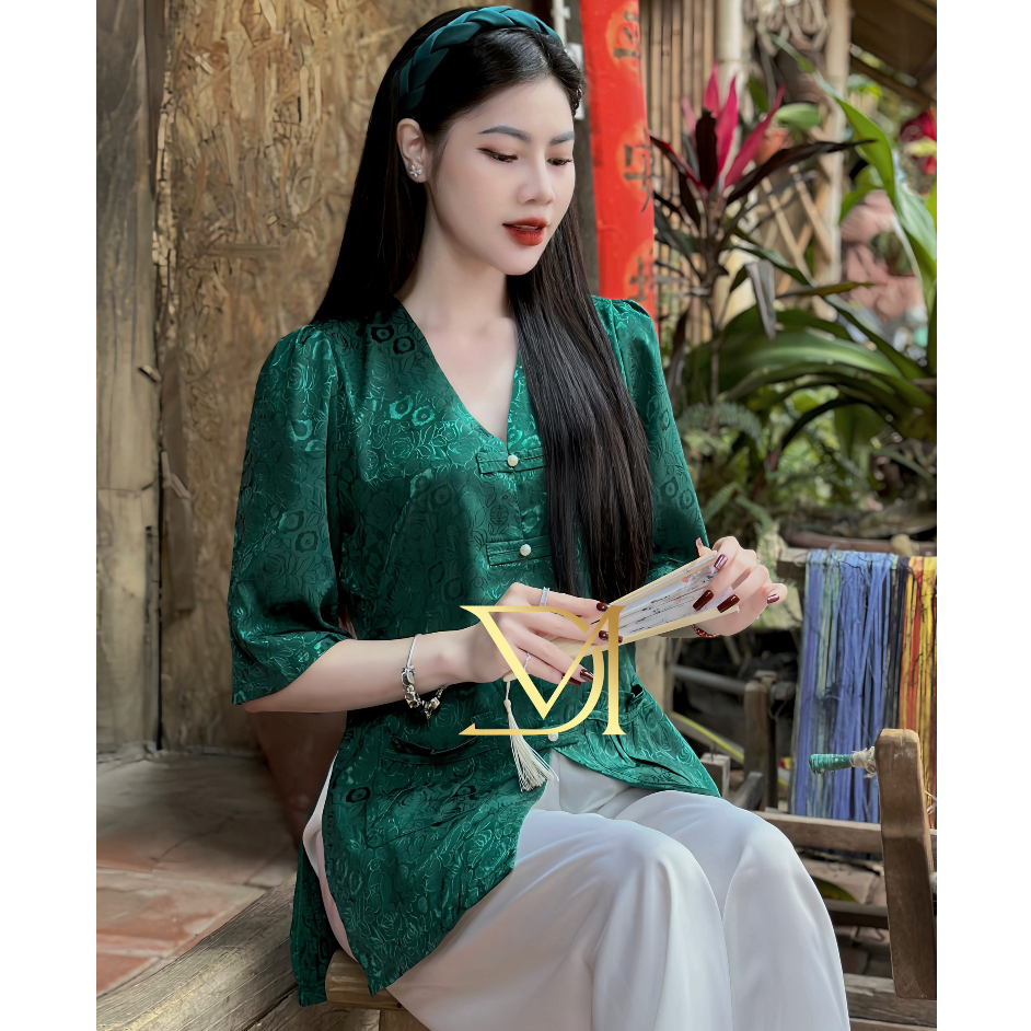 Set áo tay lỡ cổ V cúc bọc phối quần lụa dài ống rộng thời trang pháp phục cao cấp đi lễ đi chùa trang trọng thanh lịch