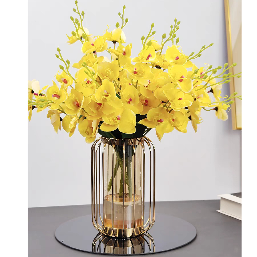 Lọ hoa decor đèn lồng khung thép ruột thuỷ tinh hổ phách cao cấp , bình cắm hoa trang trí sảnh văn phòng phòng khách