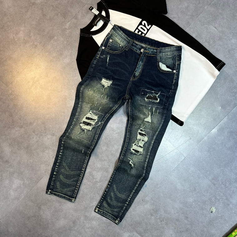 Quần jeans nam Amiri CD001 Xanh đậm vá da đen,chất liệu dehim co gian 4 chiều,form sninky,Size 28/32