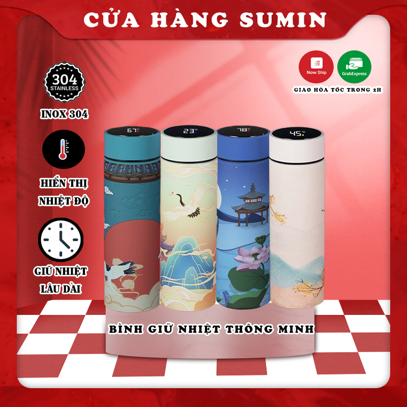 Bình Giữ Nhiệt Hiển Thị Nhiệt Độ Nước Nóng Lạnh Hoa Văn Cổ Trang Inox 304