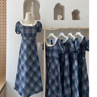 Váy ngắn tay dáng dài cổ vuông phối ren đính nơ tay bồng kẻ caro tiểu thư thanh lịch công sở BABY DIOUSI DRESS