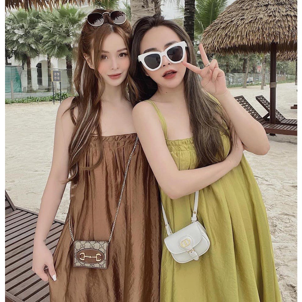Váy 2 dây đi biển, đầm dây chun ngực chất đũi lụa from rộng dáng dài dạo biển xinh xắn