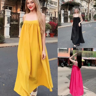 Đầm maxi dáng dài đi biển chất đũi gân có dây điều chỉnh, váy đi biển babydoll form rộng thời trang