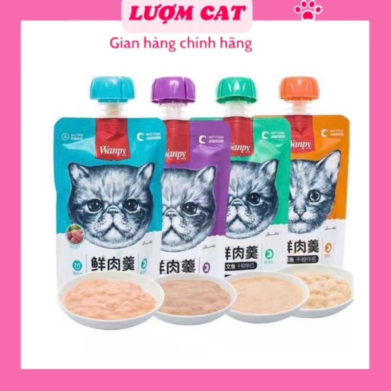 Thức ăn cho mèo, Sup thưởng Wanpy nắp vặn tiện lợi, thức ăn cao cấp, bổ xung dinh dưỡng, gói 90g - Lượm Cat-