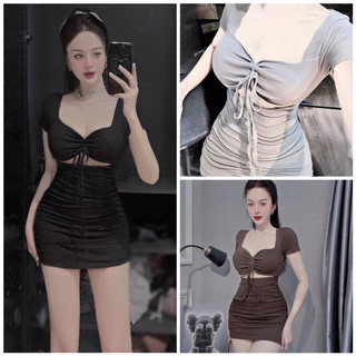Đầm body hở ngực dáng ngắn dây cột cổ có sẵn mút ngực chất thun gân chính phẩm