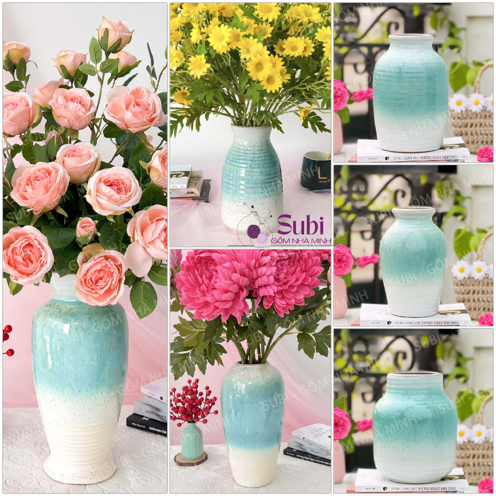 Bình bông decor men tiêu ngọc lam - Lọ hoa gốm sứ Bát Tràng trang trí phòng khách đẹp, sang trọng