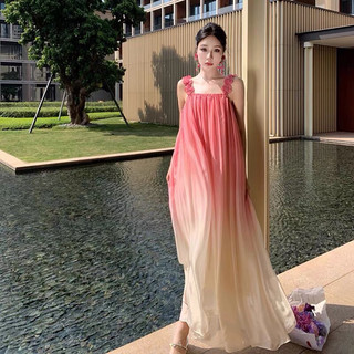 Sẵn_Váy maxi hồng dáng xuông kèm dây hoa nổi, hàng QCCC