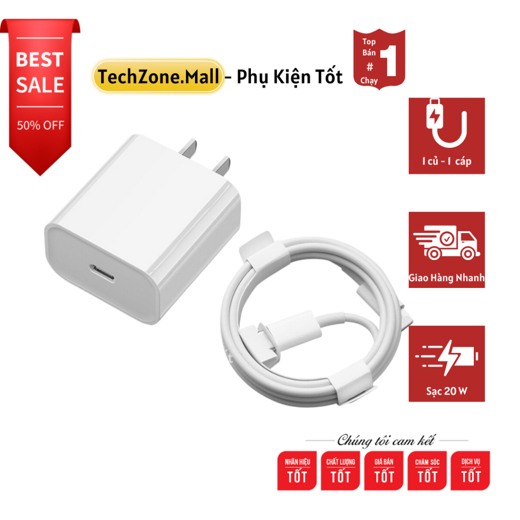 Bộ Củ Cáp Sạc Nhanh PD 20W sạc ổn định an toàn cho điện thoại ip 6 đến 14 pro max sử dụng tốt , dùng bền- TECHZONE MALL