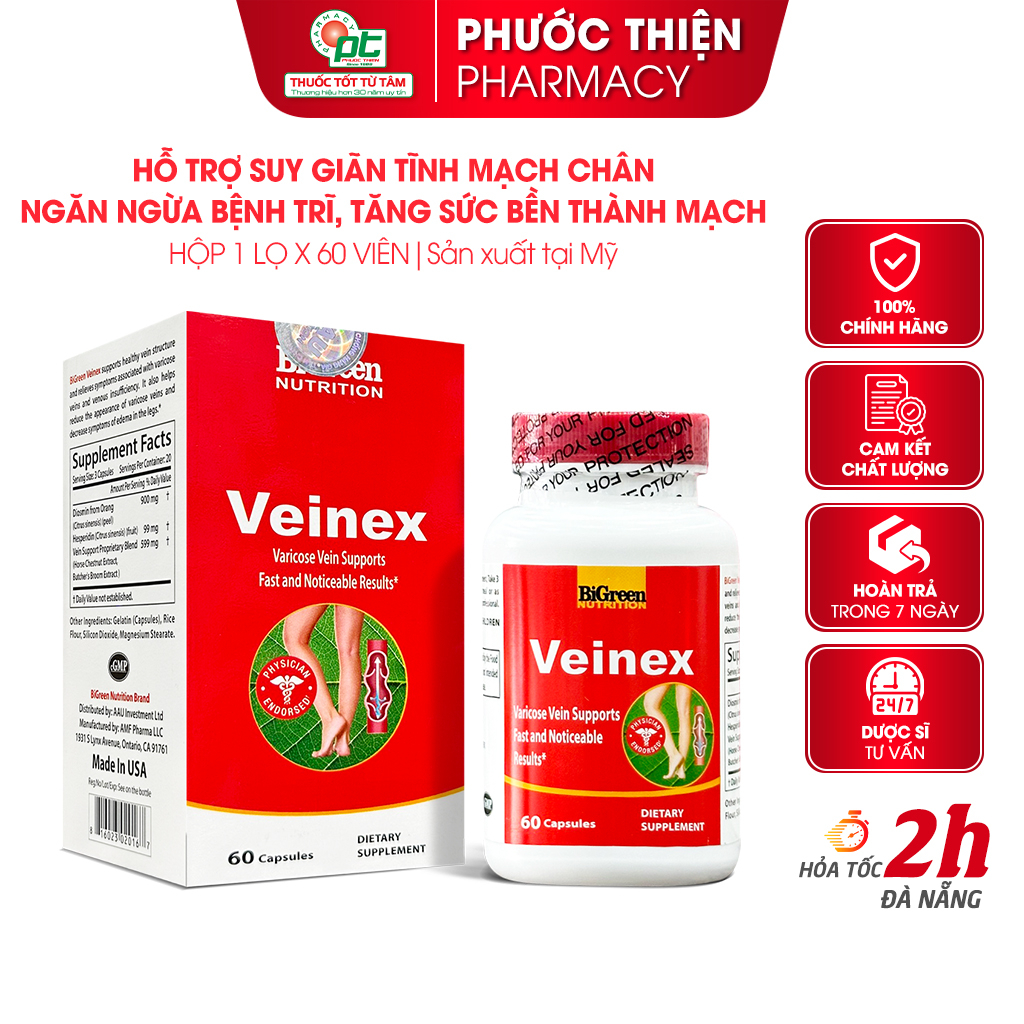 Hỗ trợ suy giãn tĩnh mạch chân Veinex Lọ 60 Viên - Phòng ngừa bệnh trĩ, bền thành mạch vein nhathuocphuocthien