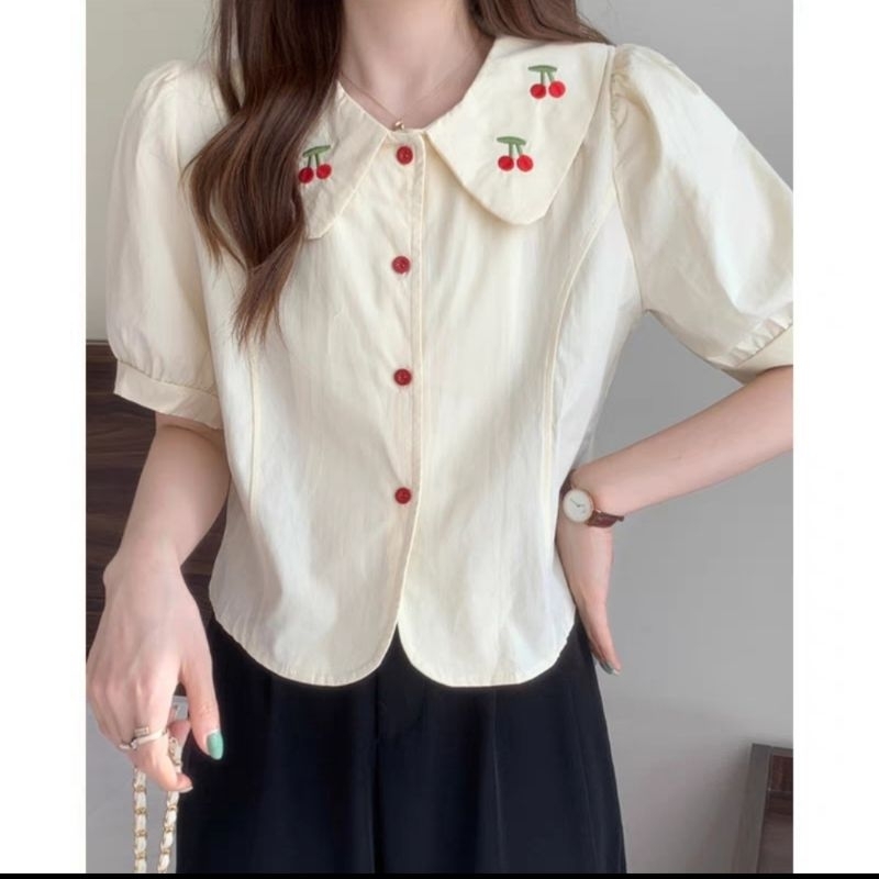 Áo sơ mi cổ sen thêu quả cherry phong cách hàn quốc