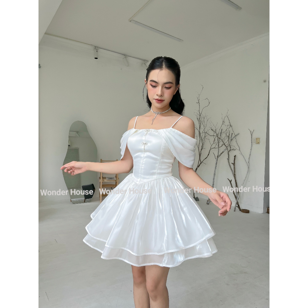 Set Wonderhouse áo lông, đầm trễ vai xòe hai tầng tiểu thư - Mira Dress