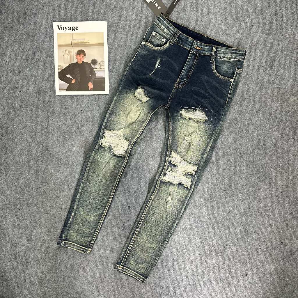 Quần jeans nam Amiri CD006 Xanh đậm vá nhũ trắng,chất liệu dehim co giãn 4 chiều,form sninky,Size 28/32.