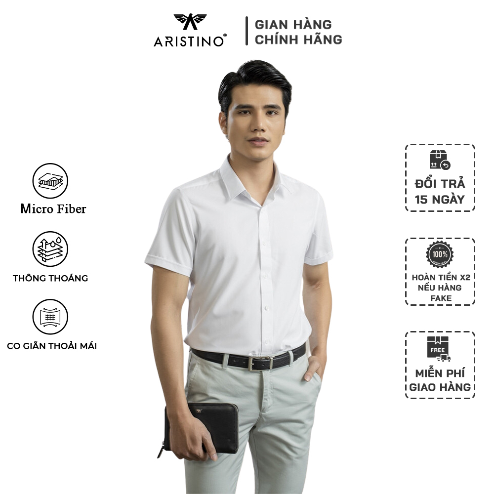 Áo Sơ Mi Trắng ARISTINO, dáng Slim ngắn tay, tà lượn, không túi, chất liệu Micro Fiber mềm mượt, chống nhăn nhàu ASSR17