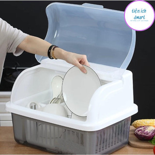 kệ úp bát đa năng nhựa cao cấp , kệ úp bát đĩa có lồng nắp đậy kèm ống cắm đũa 5568