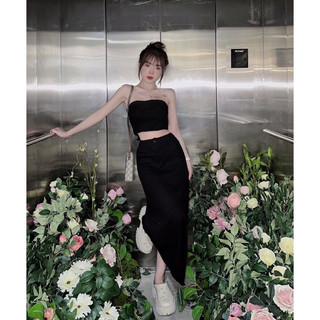Set ống crop kaki đen chân váy midi