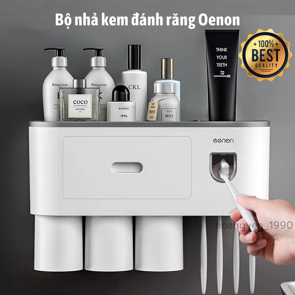 Bộ Nhả Kem Đánh Răng Tự Động, Kệ Để Đồ Phòng Tắm Cao Cấp OENON Cốc Hút Từ Tính ( Tặng Kèm Miếng Dán )