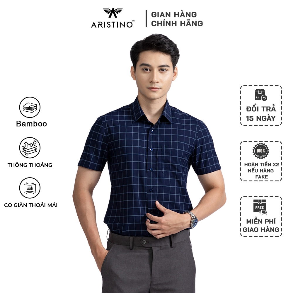 Áo Sơ mi ARISTINO, chất liệu Bamboo thoáng mát, hiệu ứng xanh tím than kẻ dobby lịch lãm, thời thượng ASS016S2
