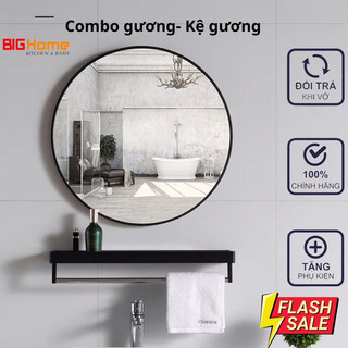 Gương tròn nhà tắm, combo gương tròn viền đen + kệ gương có thanh vắt khăn