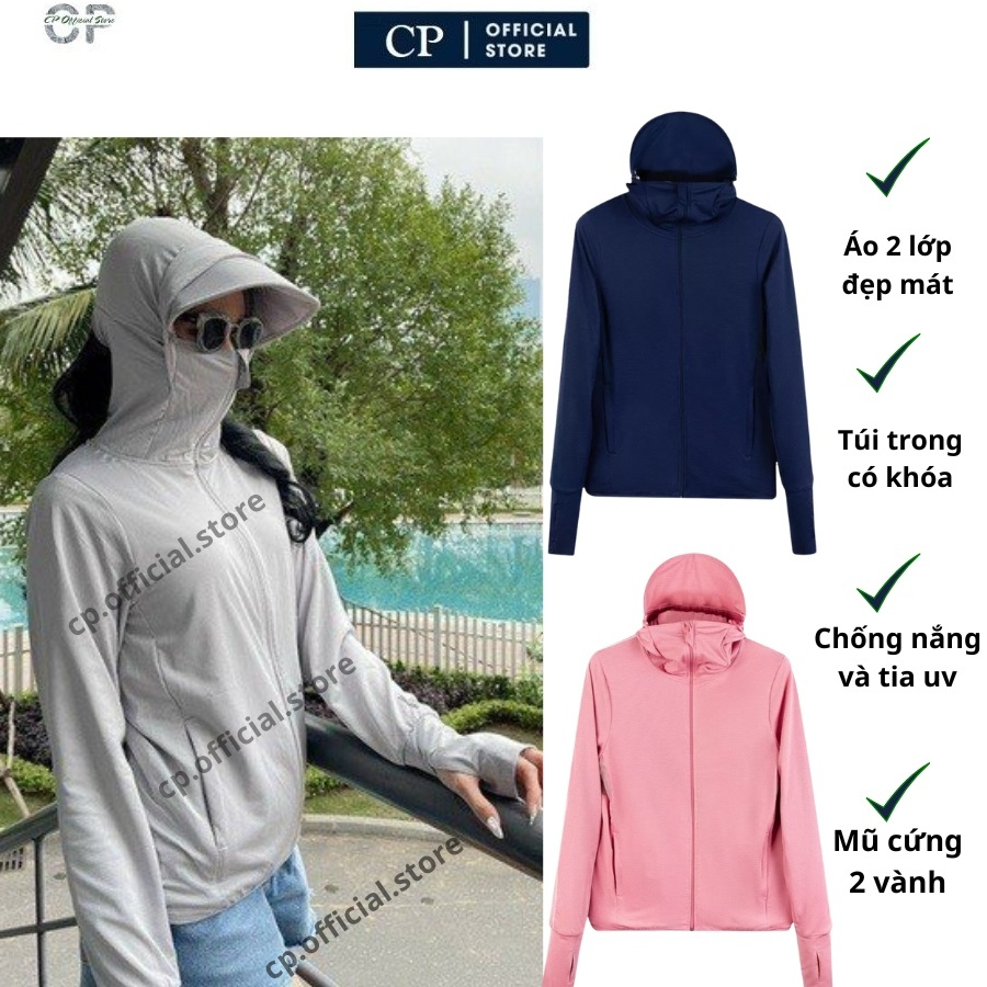 Áo chống nắng nữ 2 lớp dày hàng cao cấp mũ cứng 2 vành, túi trong có khóa
