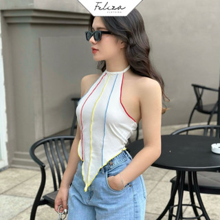 Áo croptop cổ yếm phối chỉ màu chất thun gân-Feliza clothing