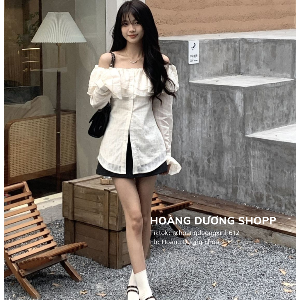Áo Sơ Mi Trễ Vai Lệch Tay Bèo, Áo Kiểu Nữ Trễ Vai Phong Cách Nhẹ Nhàng Thanh Lịch CHo Nữ