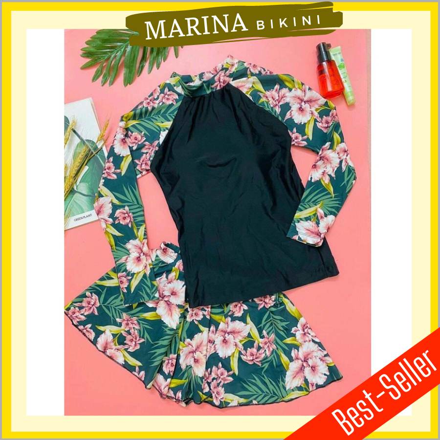 Bikini Đi Biển Đồ bơi nữ 2 mảnh áo đen váy xòe tay dài kín đáo phối họa tiết MARINA009