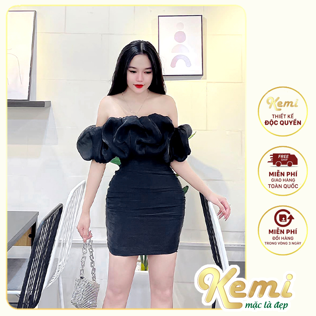 Đầm váy body bèo tơ trễ vai ôm dáng sexy chất tơ xước cao cấp Kemi