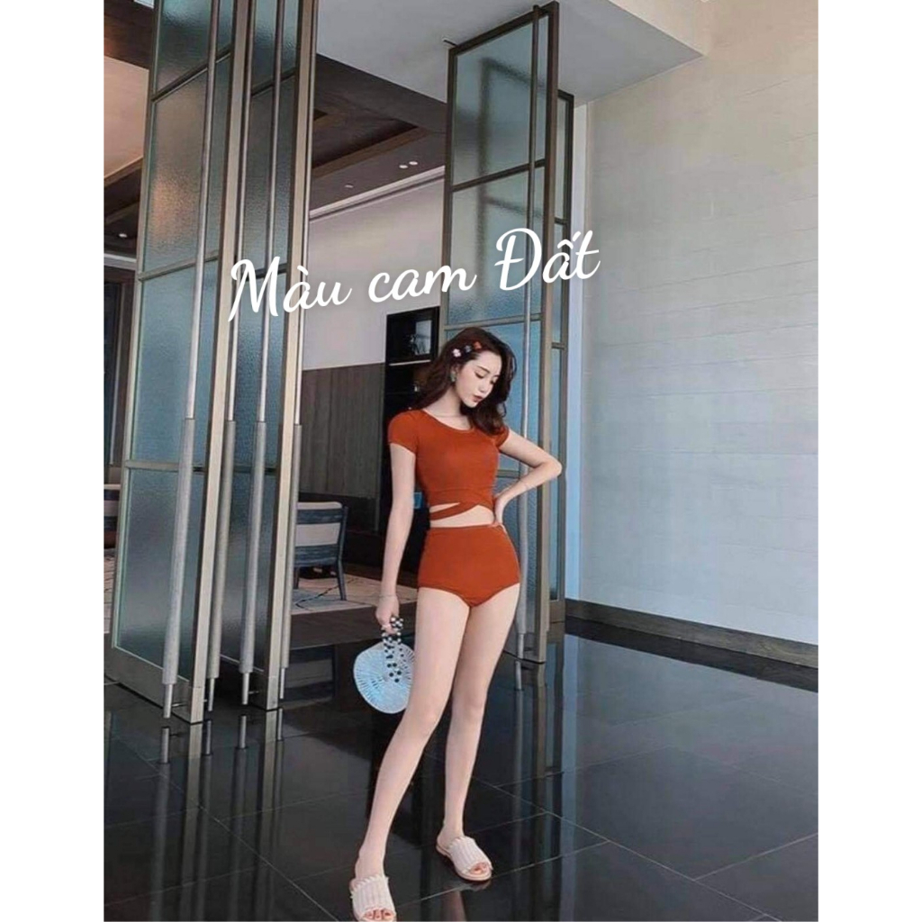 Bikini 2 mảnh đồ bơi đi biển nữ áo croptop tay cọc váy xòe và quần cạp cao kín đáo MARINA045