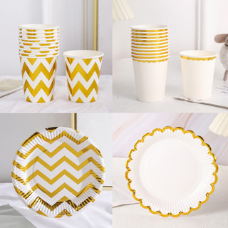 Set 10 cốc hoặc 10 đĩa ép kim viền vàng trang trí bàn tiệc sinh nhật