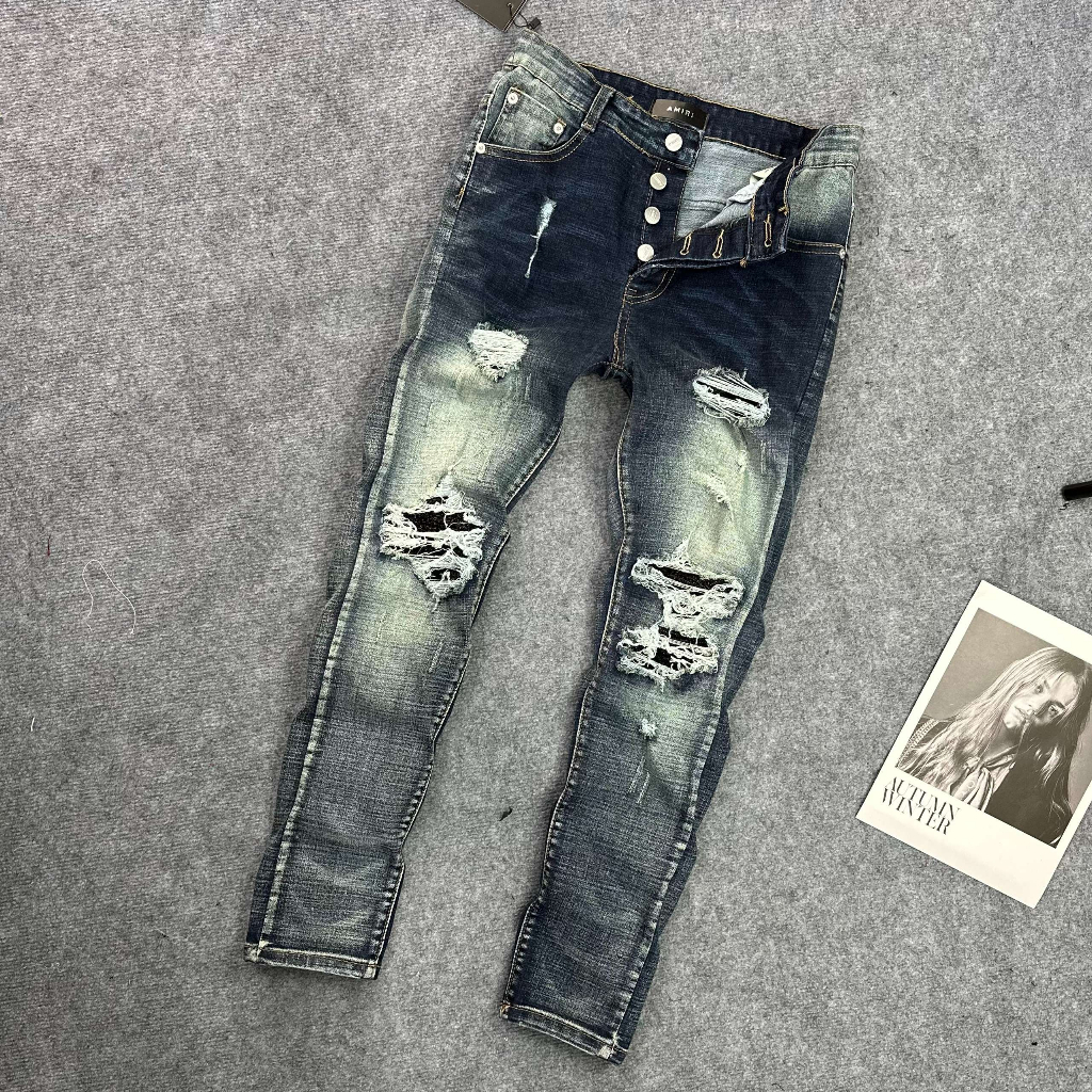 Quần jeans nam Amiri CD015 Xanh đậm vá nhũ đen,4 khuy,chất liệu dehim co giãn 4 chiều,form sninky,Size 28/32.