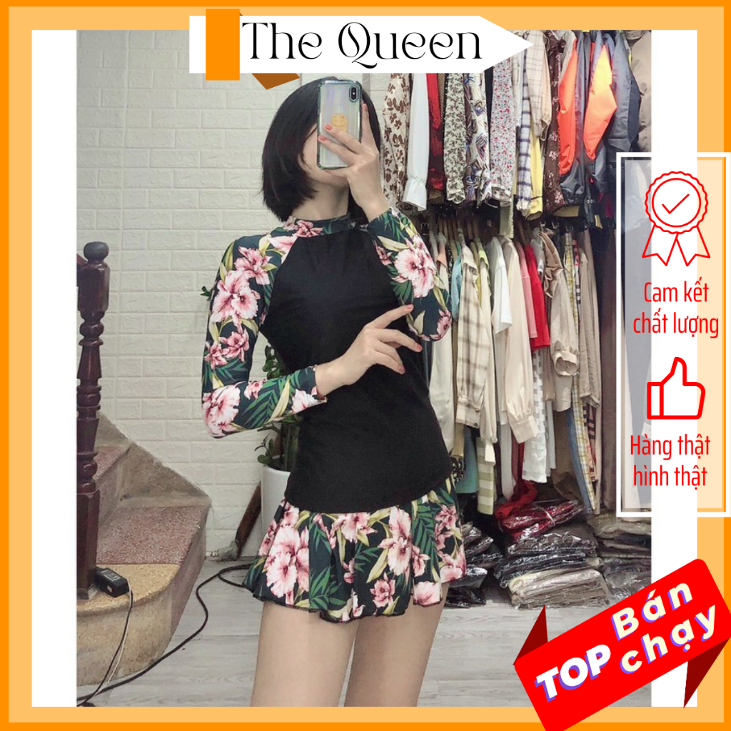 Bikini hai mảnh đồ bơi đi biển áo khóa kéo tay dài kín đáo váy đen xòe in họa tiết The Queen 026