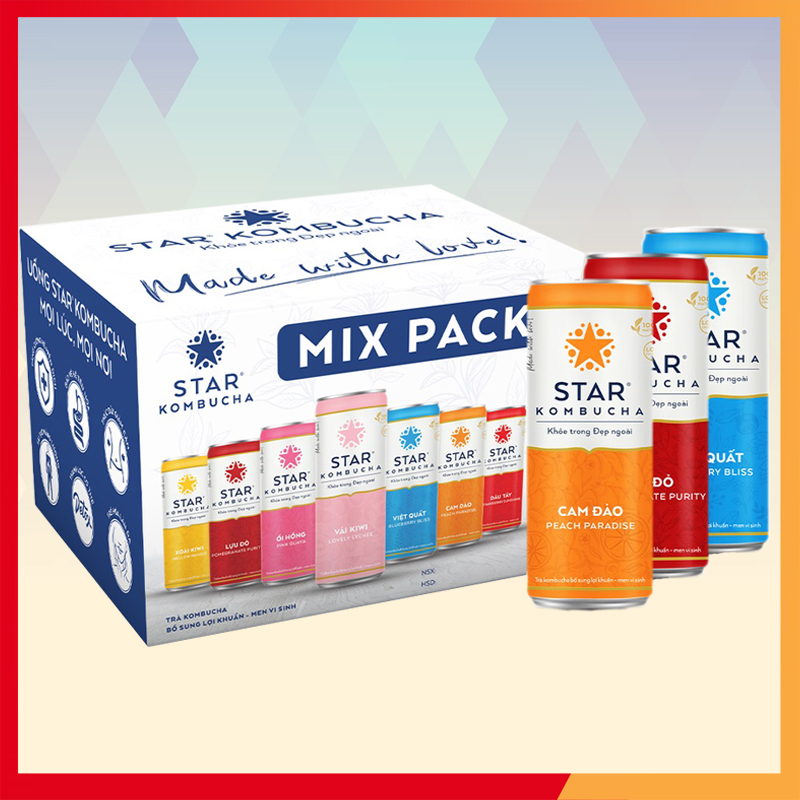 Thùng 12 lon Trà Lên Men STAR KOMBUCHA - MIX PACK/TỪNG VỊ 250ml/lon - Hỗ Trợ Tiêu Hoá