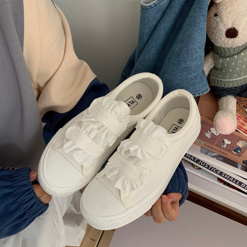 Giày sneaker trắng quai dán phối bèo ulzzang