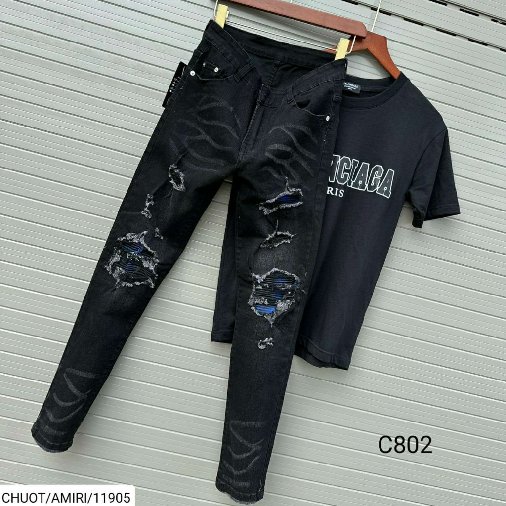 Quần jeans nam Amiri C802 khói đậm vá trần nhăn xanh,chất liệu dehim co giãn 4 chiều,form sninky,Size 28/32.