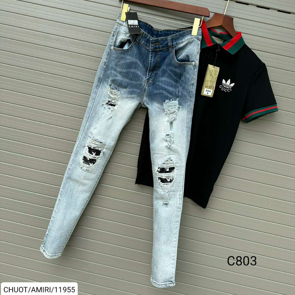 Quần jeans nam Amiri C803 Xanh nhạt vá da thỏ,chất liệu dehim co giãn 4 chiều,form sninky,Size 28/32.