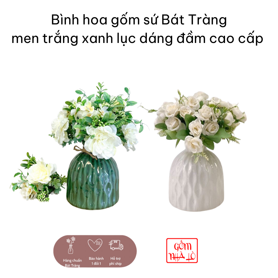 Bình hoa gốm sứ Bát Tràng men trắng xanh lục dáng đầm cao cấp Gốm Nhà Lò