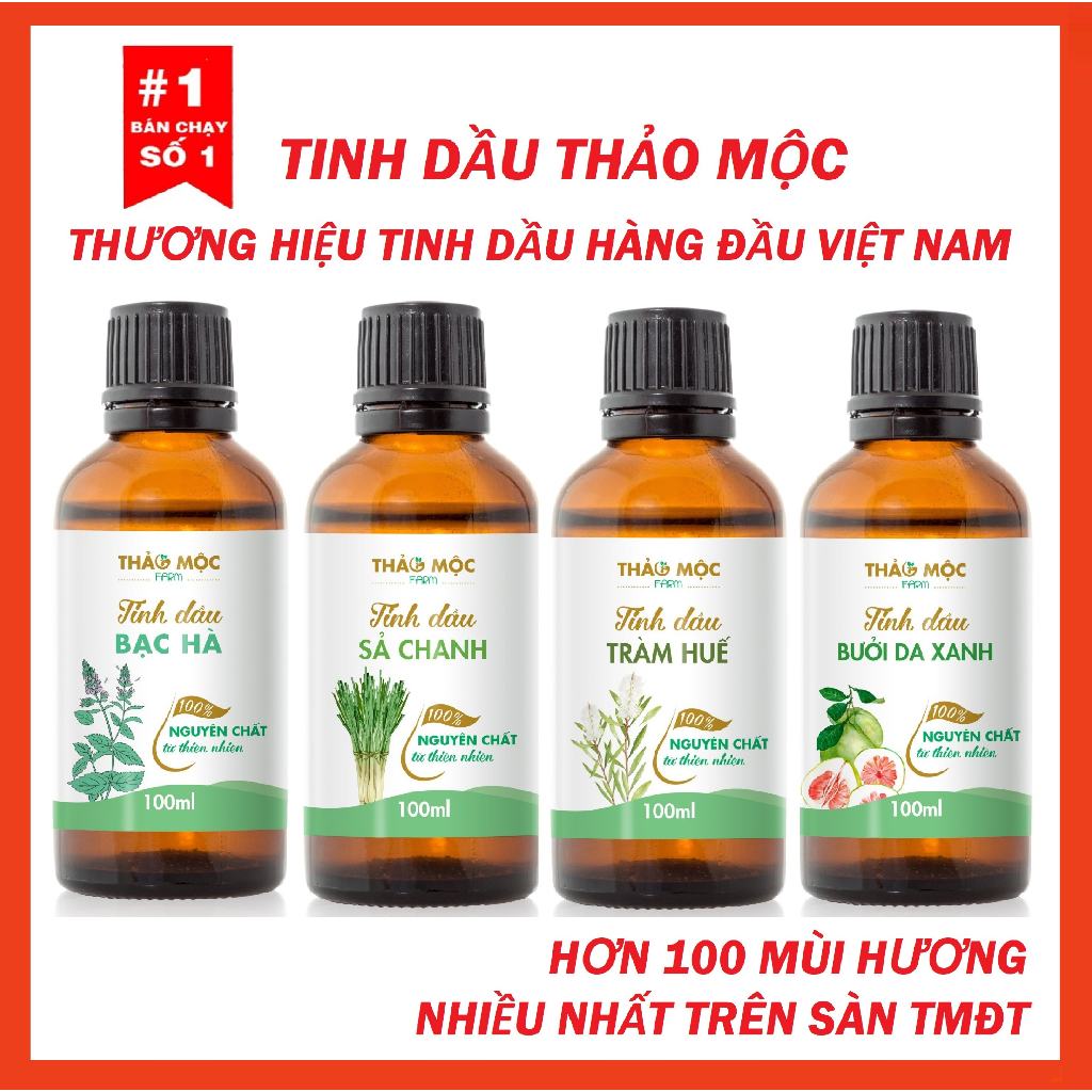 Tinh dầu thiên nhiên 100ml Sả Chanh/ Bạc Hà/ Quế/ Oải hương/ Bưởi/ Cam/ hoa Lài/ Quýt/ Trầm/ tràm huế/ Gừng/ hoa Hồng