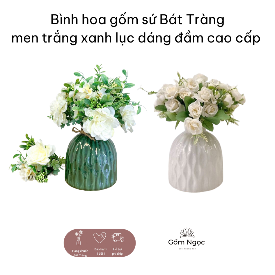 Bình hoa gốm sứ Bát Tràng men trắng xanh lục dáng đầm cao cấp Gốm Ngọc Bát Tràng