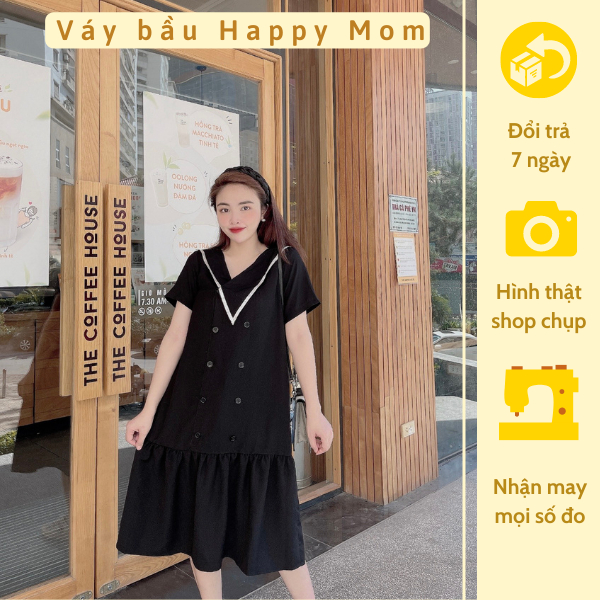 Đầm Bầu Công Sở 40-130kg - Váy Bầu GUME ĐEN 2 HÀNG CÚC ĐUÔI CỔ VIỀN TRẮNG chất vải sạn lụa size từ 40-100kg MB239