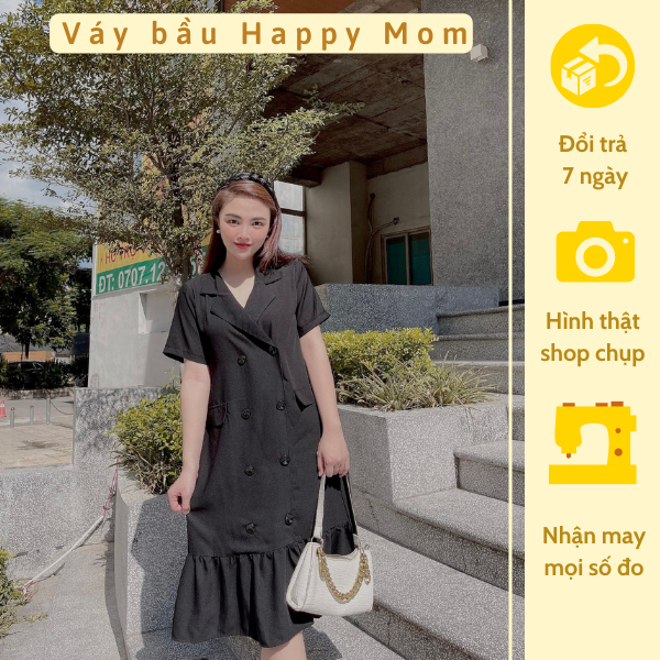 Váy bầu công sở màu ĐEN ĐUÔI CÁ CỔ VEST 2 HÀNG CÚC chất vải sạn lụa size từ 40-100kg MB247