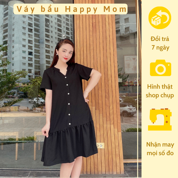 Đầm Bầu Công Sở 40-130kg - Váy Bầu GUME ĐEN ĐUÔI CÁ CỔ TÀU V khuy dọc chất vải sạn lụa size từ 40-100kg MB248