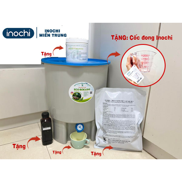 Thùng Ủ Rác Hữu Cơ Eco Bokashi 20.5L - Thùng Ủ Rác Nhà Bếp tặng 2 cốc chiết dịch, 2 Men Vi Sinh, 1 Mật Rỉ  Đường