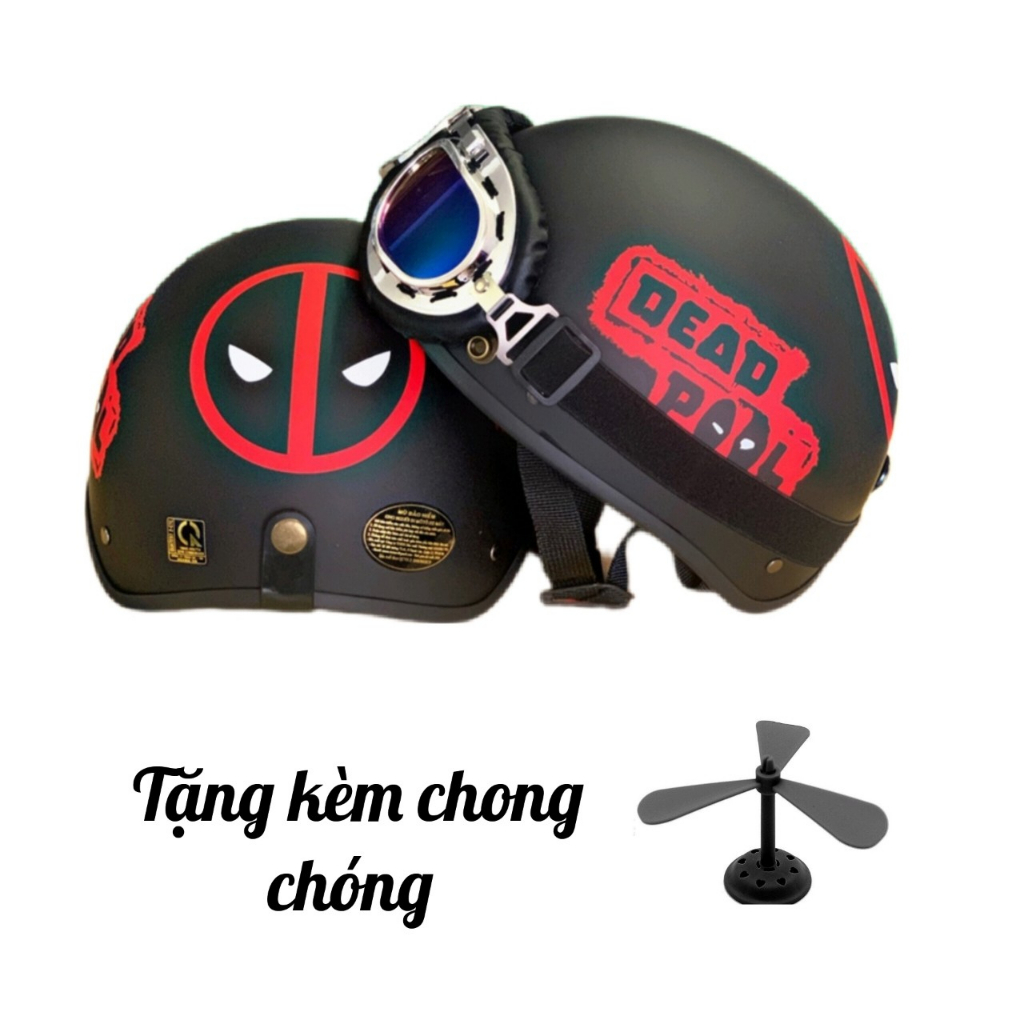 \Nón Bảo Hiểm Deadpool Đi Phượt Nửa Đầu Kèm Kính PC Cute Tặng Chong Chóng