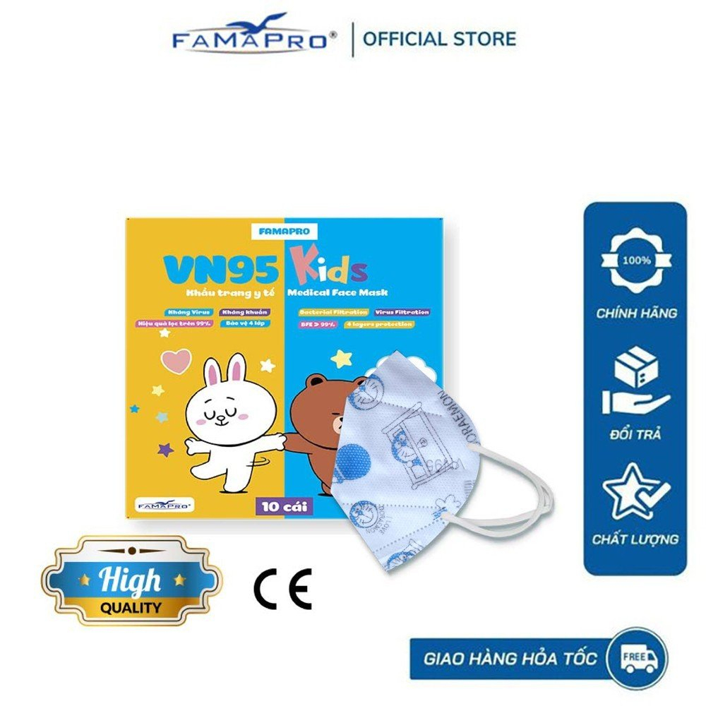 [COMBO 5 hộp] VN95 Kids Trẻ em từ 4-8 tuổi Khẩu trang y tế kháng khuẩn 4 lớp 10 cái/ hộp