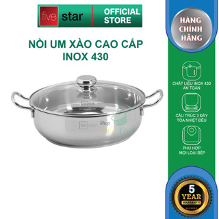 Nồi lẩu um xào inox 430 bếp từ Fivestar Standard nắp kính size 20cm / 24cm / 26cm / 28cm / 30cm , tặng 1 vá canh