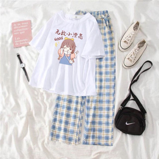 bộ áo thun bé gái chữ Nhật good + quần ống rộng kẻ caro xanh Ngọc