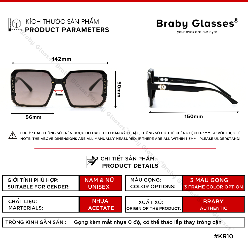 Kính râm mát nam nữ mắt vuông thời trang chống tia UV Braby Glasses gọng nhựa kèm họa tiết cao cấp KR10